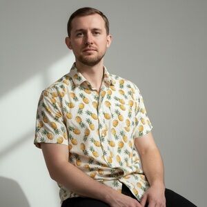 Amnesia Hawaiian Pineapple Button Front Cotton Short Sleeve Shirt Size M